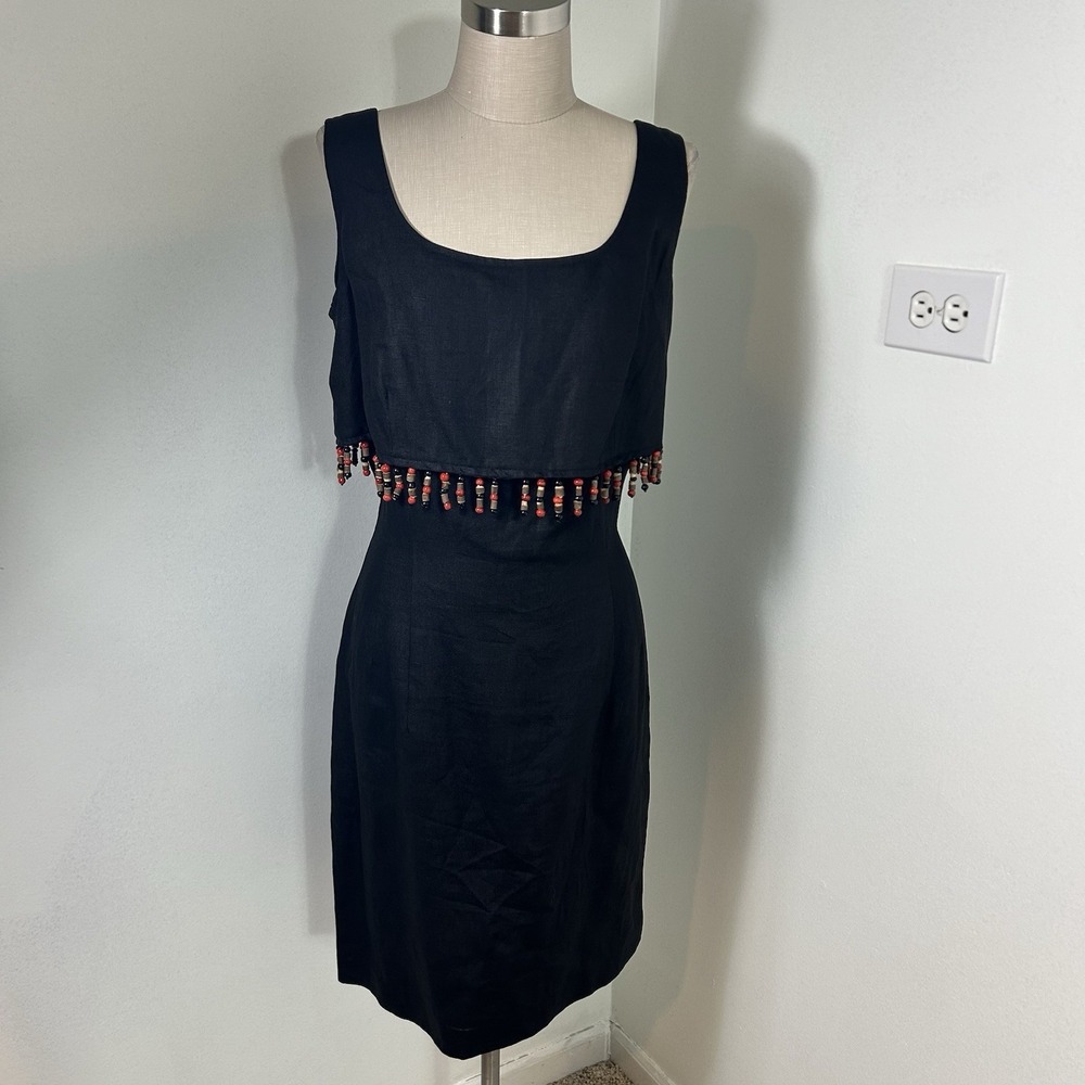 Maggy London Black Linen Tank Dress‎ Sleeveless Wooden Beads Lined Back Zip 12